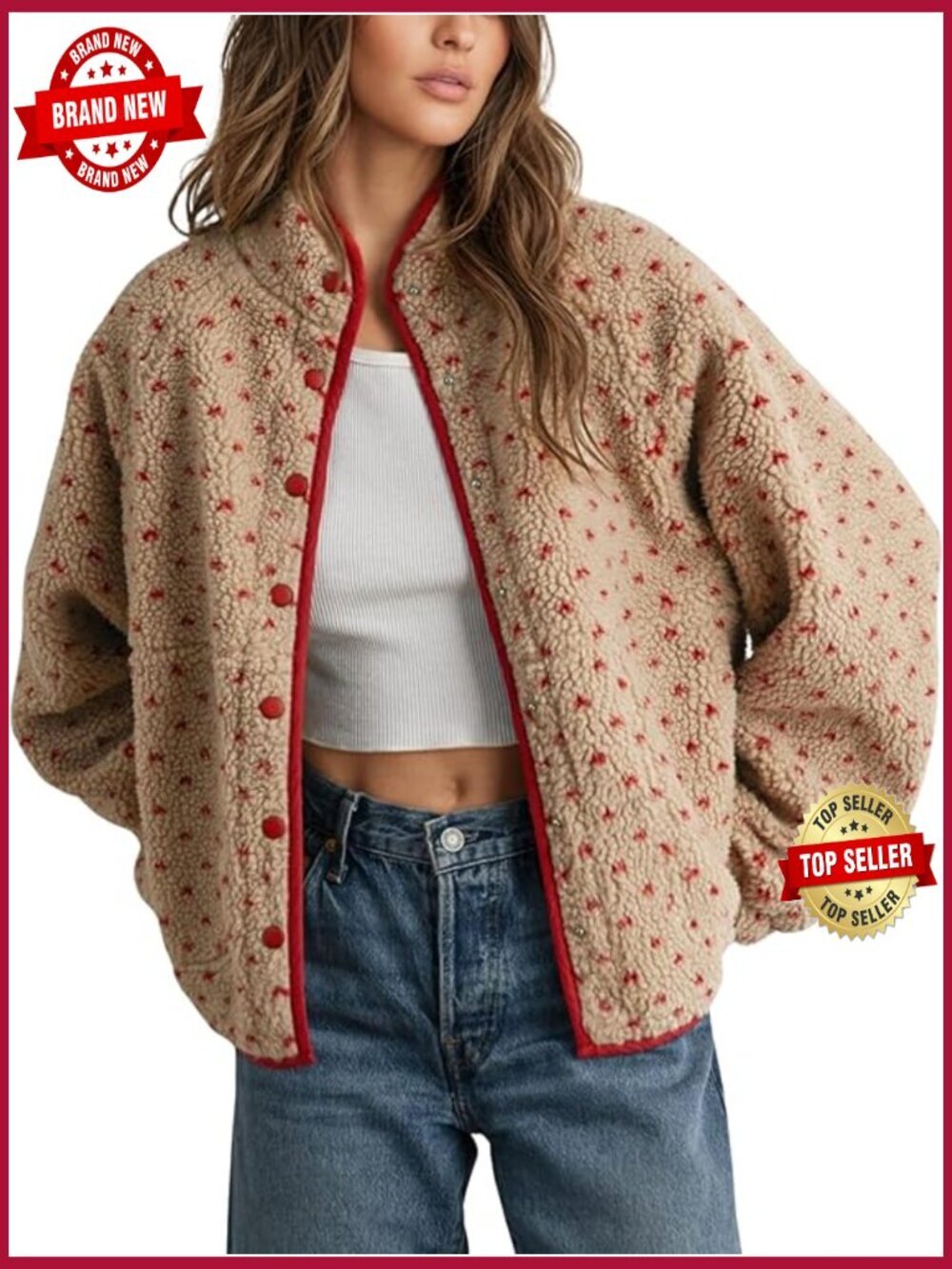 Fleece Jacket Button Down Lapel Collar Sherpa Long Sleeve Contrast Quilted